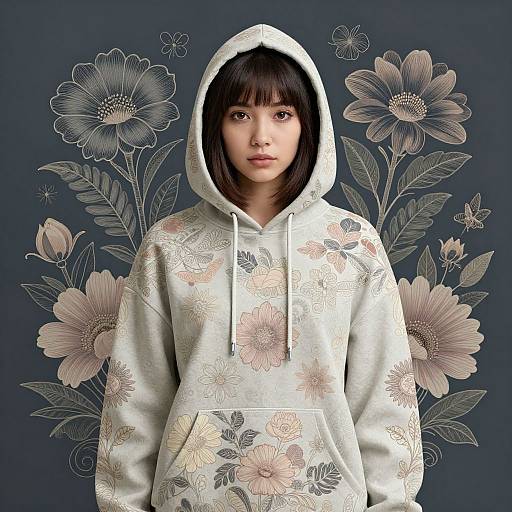 Photograph of an Asian woman with straight black hair, wearing a white floral hoodie with a hood, standing against a blue background adorned with detailed floral illustrations