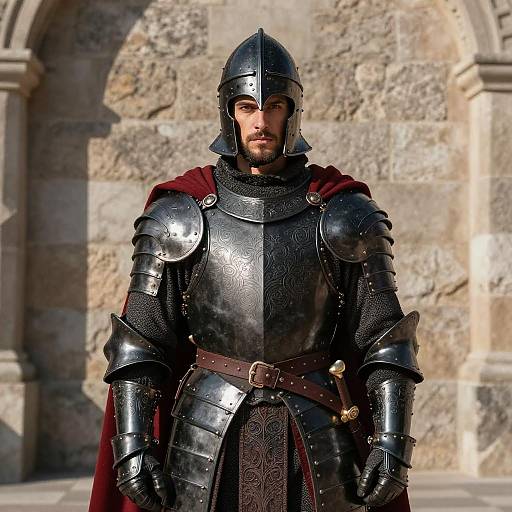 Photograph of a bearded man in medieval armor with a steel helmet, red cape, and patterned plate armor, standing in front of a stone