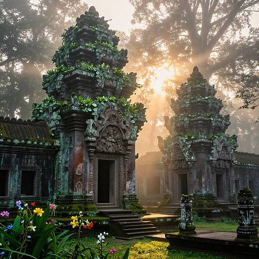Photograph of sunlit, moss-covered ancient Balinese temples with intricate carvings, surrounded by vibrant flowers and lush greenery, with sunlight filtering
