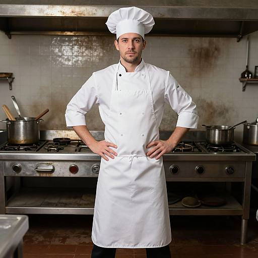 Photograph of a serious male chef with light skin, short brown hair, and a beard, standing in a dirty, stainless steel kitchen, wearing a