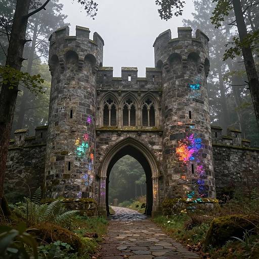 Vibrant Medieval Keep in Misty Forest