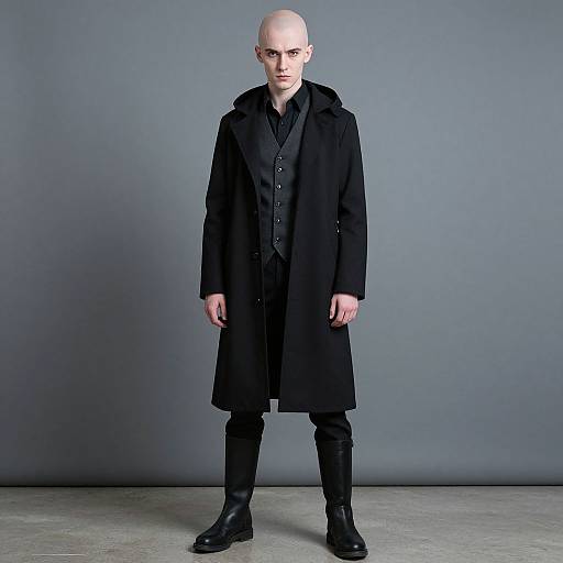 Photograph of a bald, pale-skinned man in a long black coat, black shirt, black pants, and boots, standing against a gray background