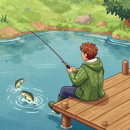 Digital illustration of a young man with brown hair fishing from a wooden dock, catching two fish in a clear blue river.