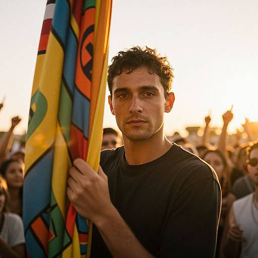 Photograph of a serious, curly-haired man with olive skin holding a colorful, abstract flag in a sunlit, outdoor protest crowd.