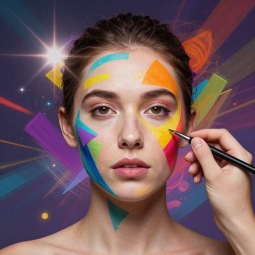 Photograph of a young woman with vibrant, multicolored face paint, being touched up by a hand with a makeup brush, against a starburst