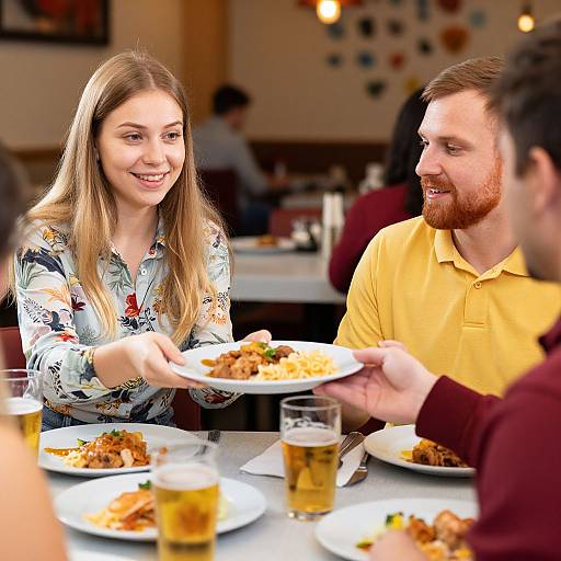 Photograph of a smiling young woman with long blonde hair in a floral blouse, exchanging plates of food with a bearded man in a yellow polo shirt