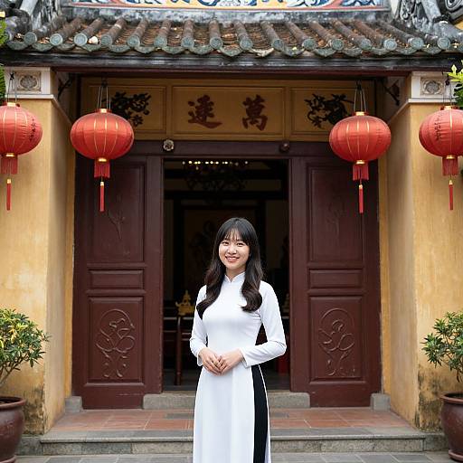 Photograph of an Asian woman with long black hair, wearing a white traditional Chinese dress, standing in front of a traditional Chinese temple with red lanterns