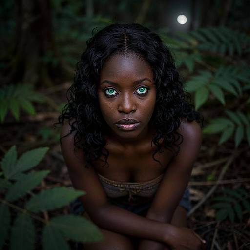 Photograph of a dark-skinned woman with striking green eyes, curly black hair, and bare shoulders, kneeling in a dimly lit forest, surrounded