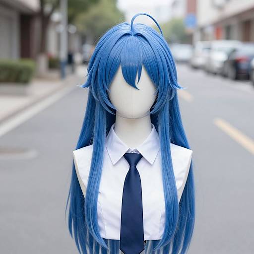 Photograph of a faceless, blue-haired mannequin wearing a white shirt and black tie, standing on a blurred urban street.