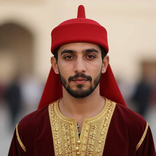 Photograph of a young Middle Eastern man with dark hair, beard, and mustache, wearing a red hat and gold-embroidered maroon