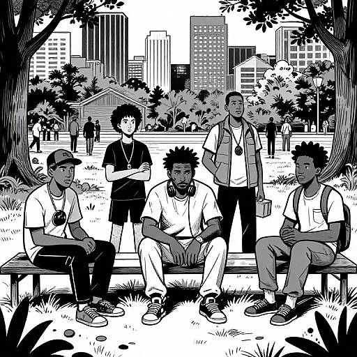 Black-and-white manga-style drawing of six men in casual clothes, sitting and standing on a park bench with a city skyline background. Trees frame the scene