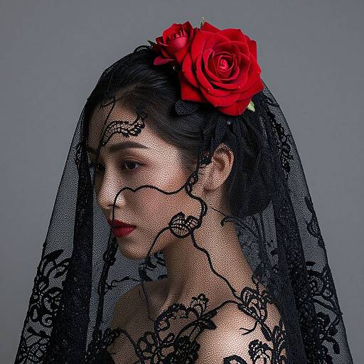 Photograph of an Asian woman with pale skin, red lipstick, black lace veil, and red roses in her hair, against a gray background.