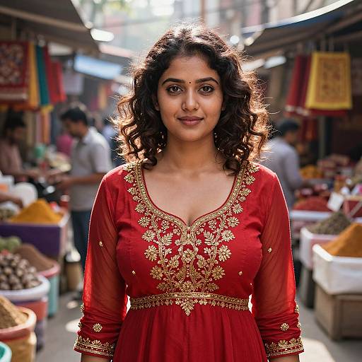 Photograph of a beautiful Indian woman with dark curly hair, wearing a red traditional blouse with gold embroidery, standing in a bustling market stall with colorful spices