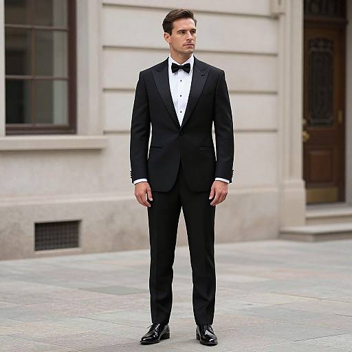 Photograph of a handsome, young man with short brown hair, wearing a black tuxedo, white shirt, black bow tie, and black shoes