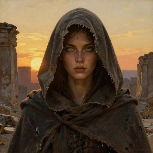 Digital painting of a fierce, green-eyed woman in a tattered brown hooded cloak, standing against a sunset-lit, ruined cityscape.