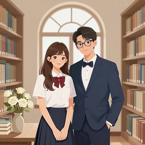 Young Couple in Cozy Library Corner