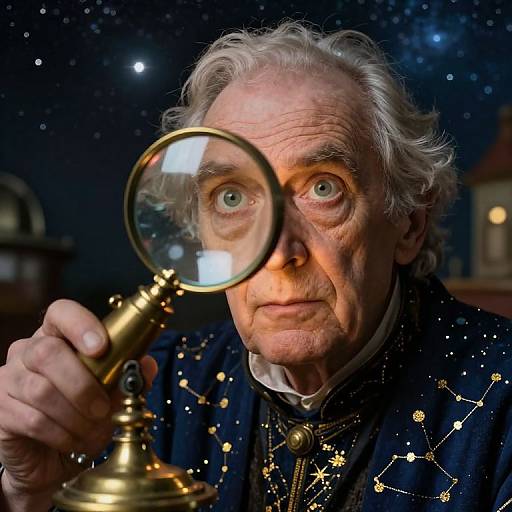 Elderly man with white hair, intense gaze, wearing dark robe with star patterns, uses magnifying glass, starry night background. Photoreal