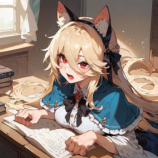 Anime-style digital illustration of a blonde, cat-eared girl with red eyes, wearing a blue and white maid outfit, writing at a sunlit desk
