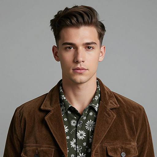 Photograph of a young Caucasian man with short, dark brown hair, wearing a brown corduroy jacket over a black floral shirt, against a plain