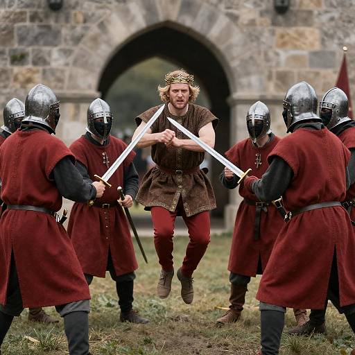 Epic Medieval Battle: Crowned Man Under Siege
