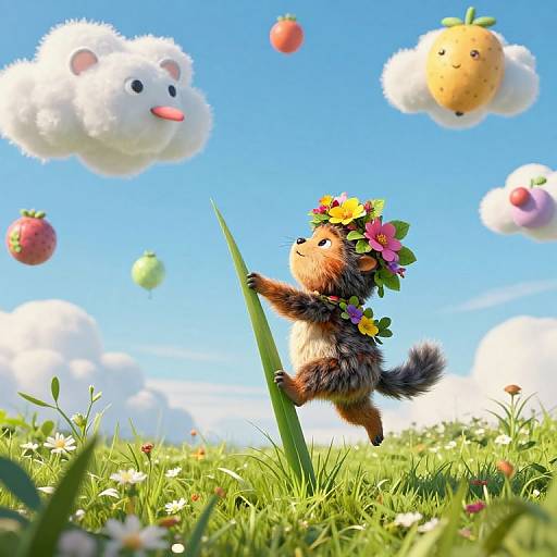 Whimsical CGI image of a fluffy, flower-crowned squirrel reaching up at floating, cute, fluffy clouds and fruit-shaped puffs in a bright