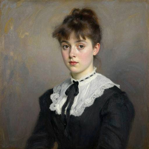 Victorian-style oil painting of a young woman with fair skin, dark brown hair in a bun, wearing a black dress with white lace collar and black