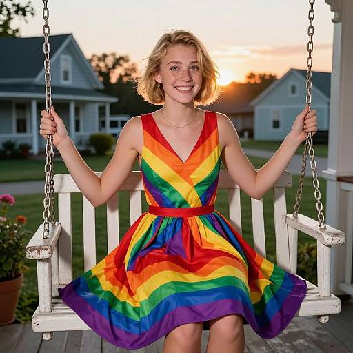 Photograph of a smiling blonde woman in a vibrant rainbow dress, sitting on a white wooden swing at sunset, with suburban houses in the background.