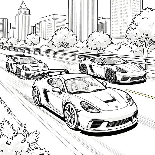 Black-and-white digital drawing of three sleek sports cars driving on a city street, flanked by trees and tall skyscrapers.