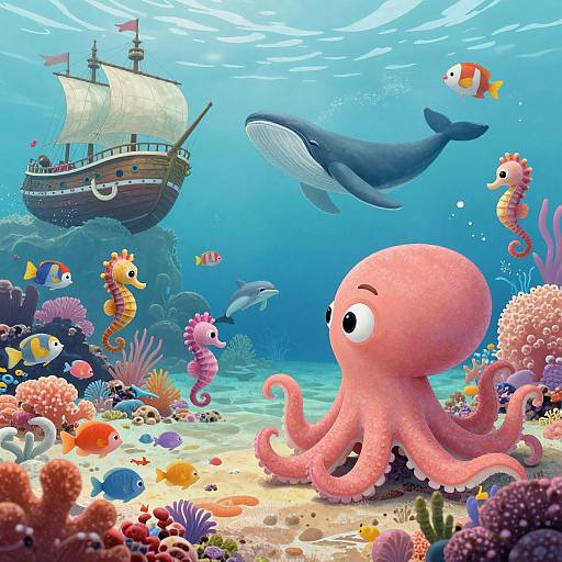 Colorful underwater scene: pink octopus, various fish, seahorse, whale, shipwreck with sails, coral reef, and vibrant ocean