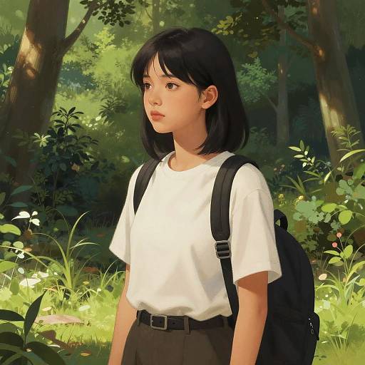 Digital anime-style illustration of an Asian girl with black bob haircut, white shirt, black skirt, and backpack, standing in a sunlit forest.