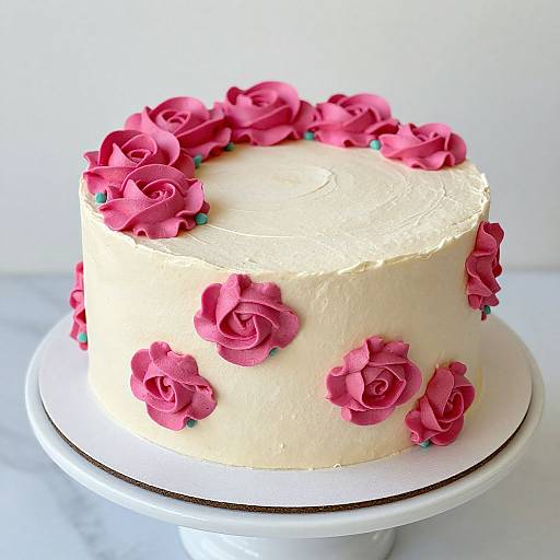 Photograph of a white-frosted cake adorned with pink roses, some on top and others scattered around the sides, on a white cake stand.
