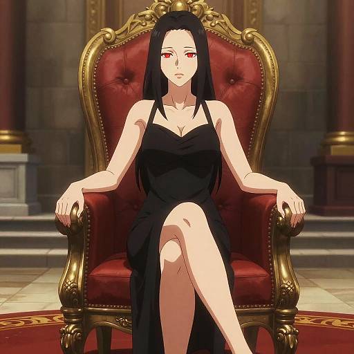Anime-style drawing of a pale-skinned woman with long black hair and red eyes, wearing a black dress, sitting confidently on an ornate red and