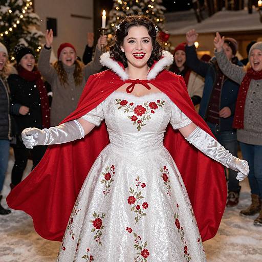 Photograph of a smiling woman with fair skin and red lipstick, wearing a white floral dress, red cape, and gloves, surrounded by festive, cheering