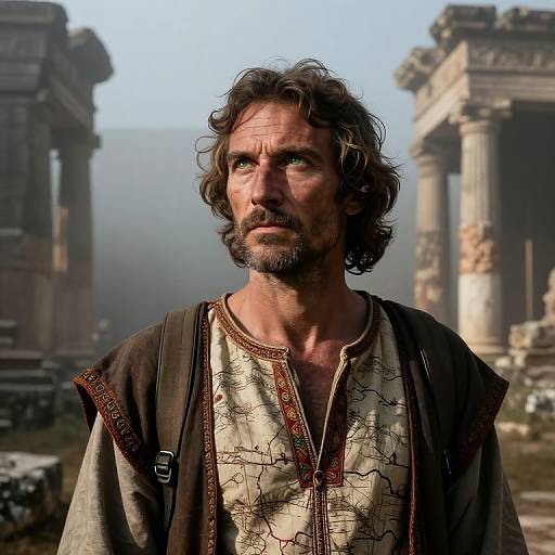 Photograph-style CGI of rugged, middle-aged man with curly brown hair, beard, and intense expression, wearing tattered, patterned tunic,