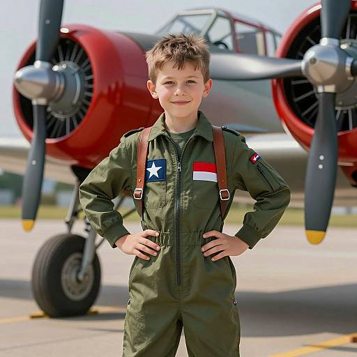 Young Boy Portrait with Vintage Fighter Plane