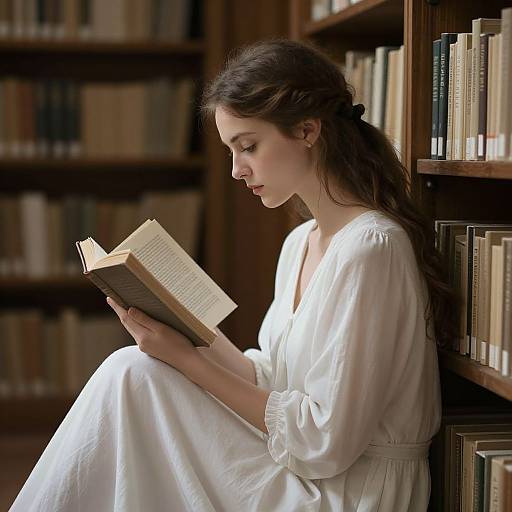 Photograph of a young woman with long brown hair, wearing a white, long-sleeved dress, sitting against a bookshelf, intently reading