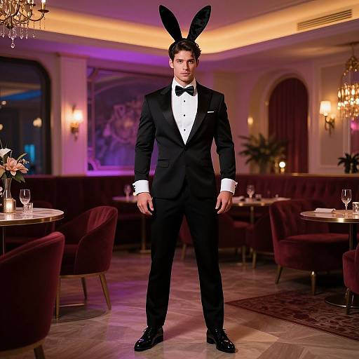 Photograph of a handsome man in a black tuxedo with white shirt and black bow tie, wearing black bunny ears, standing in a luxurious,