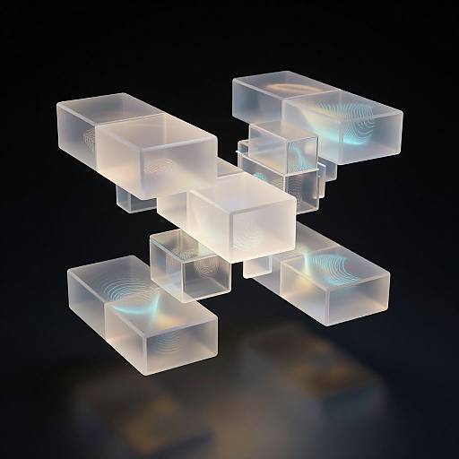 Digital artwork of translucent, glowing cubes with blue light patterns, floating in a dark space, creating a futuristic, ethereal effect.