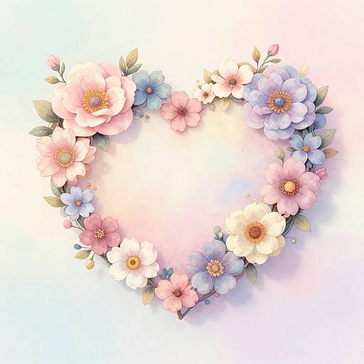 Digital illustration of a heart-shaped floral arrangement featuring pink, blue, and white flowers with green leaves, set against a soft, glowing white background.