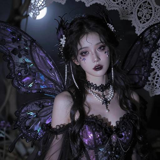 Gothic fairy portrait: pale woman with dark hair, purple butterfly wings, black lace dress, pearl necklace, moonlit background, intricate lace patterns