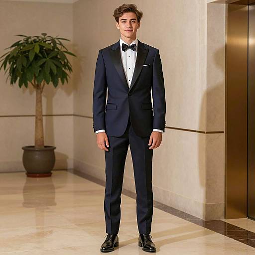 Elegant Young Man in Dark Blue Tuxedo