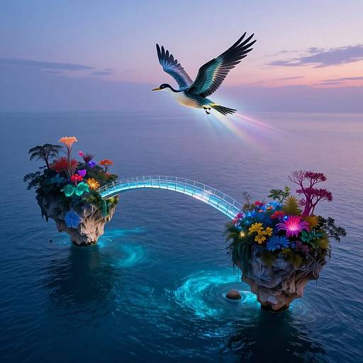 Digital art: A vibrant heron flies above glowing, flower-adorned island arches over a blue ocean at sunset, with radiant light beams.