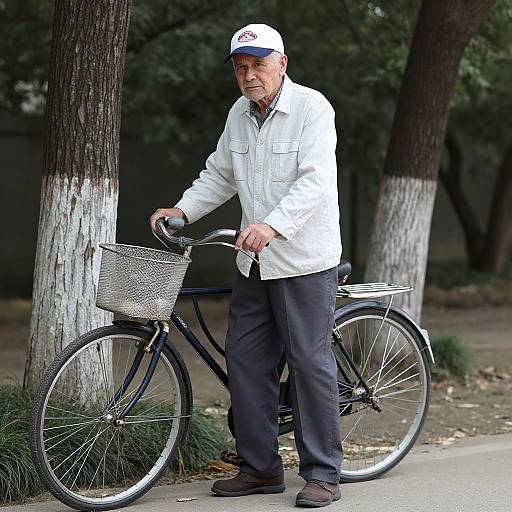 Photograph of an elderly Asian man in a white jacket and cap, standing beside a black bicycle with a wire basket, in a park with white-tr