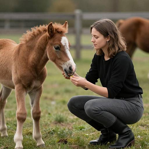 Crouching Woman Feeding Fluffy Foal