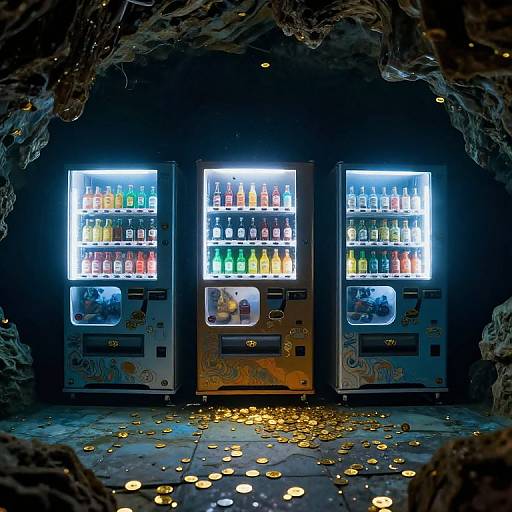 Photograph of three brightly lit vending machines filled with colorful drinks, set in a dark cave-like environment with scattered gold coins on the floor.