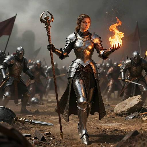 Digital artwork of a female warrior in silver armor, holding a flaming hand, standing amidst a battle scene with armored soldiers.