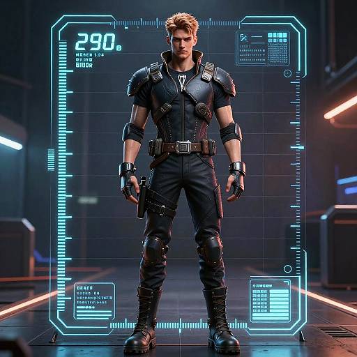 Digital CGI of a muscular, blond man in futuristic black armor, standing in a neon-lit, high-tech room with holographic stats.