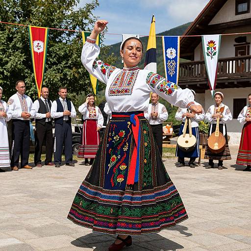Photograph of a smiling woman in traditional white blouse and colorful embroidered skirt, leading a folk dance group outdoors with flags and musicians in background. Bright daylight