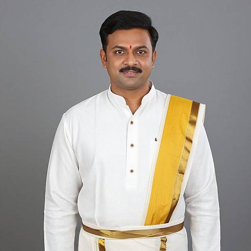 Photograph of a middle-aged Indian man with black hair and mustache, wearing a white traditional shirt with a gold sash, standing against a gray