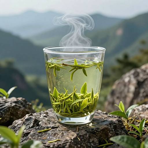 Photograph of a steaming glass of green tea with fresh green leaves floating in it, set on a rocky mountain ledge with blurred, misty mountain